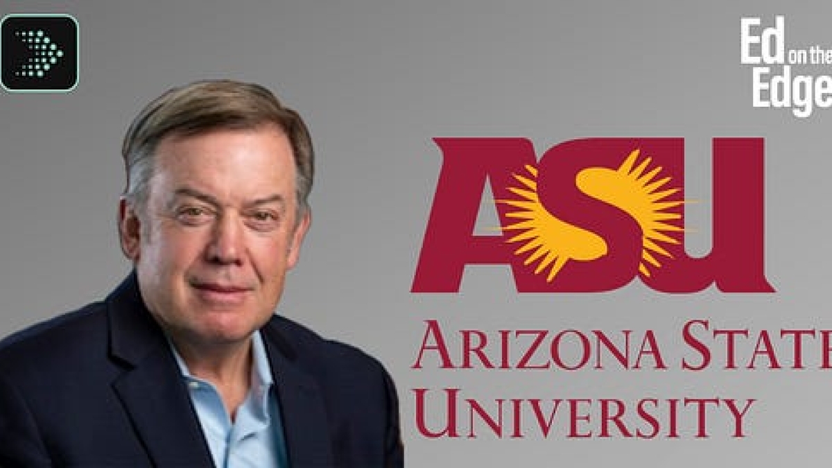 A head shot of a person in a blue shirt and tie promotes a podcast about change in education.