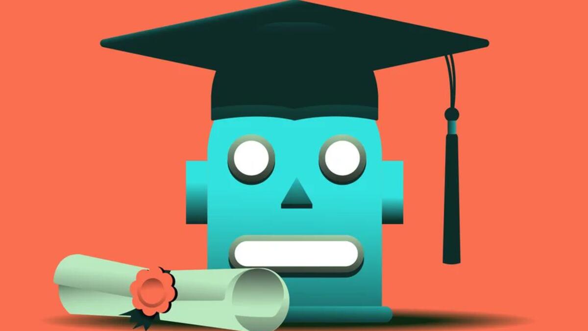 An illustration of a diploma laying next to a blue robot head wearing a mortar board.