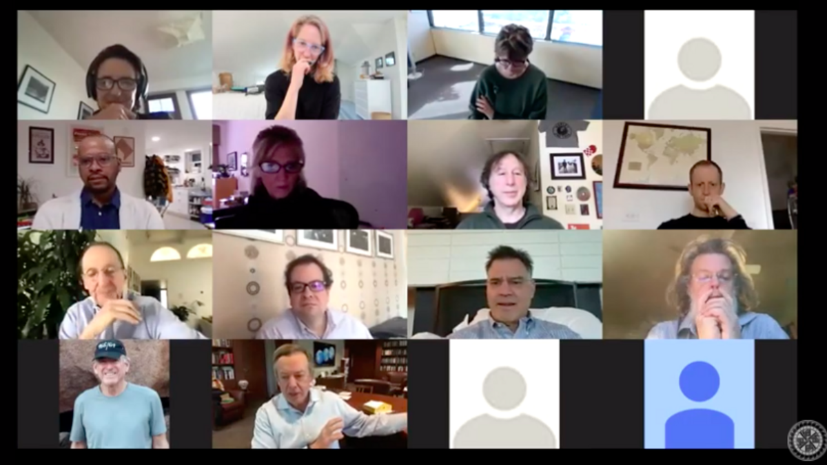 Zoom screen of 16 speakers during Santa Fe Institute virtual webinar on January 19, 2021. 