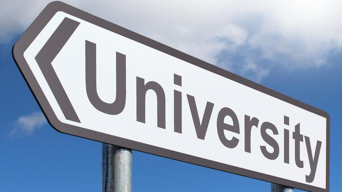 A European-style road sign reading "University" against a backdrop of a partly cloudy sky